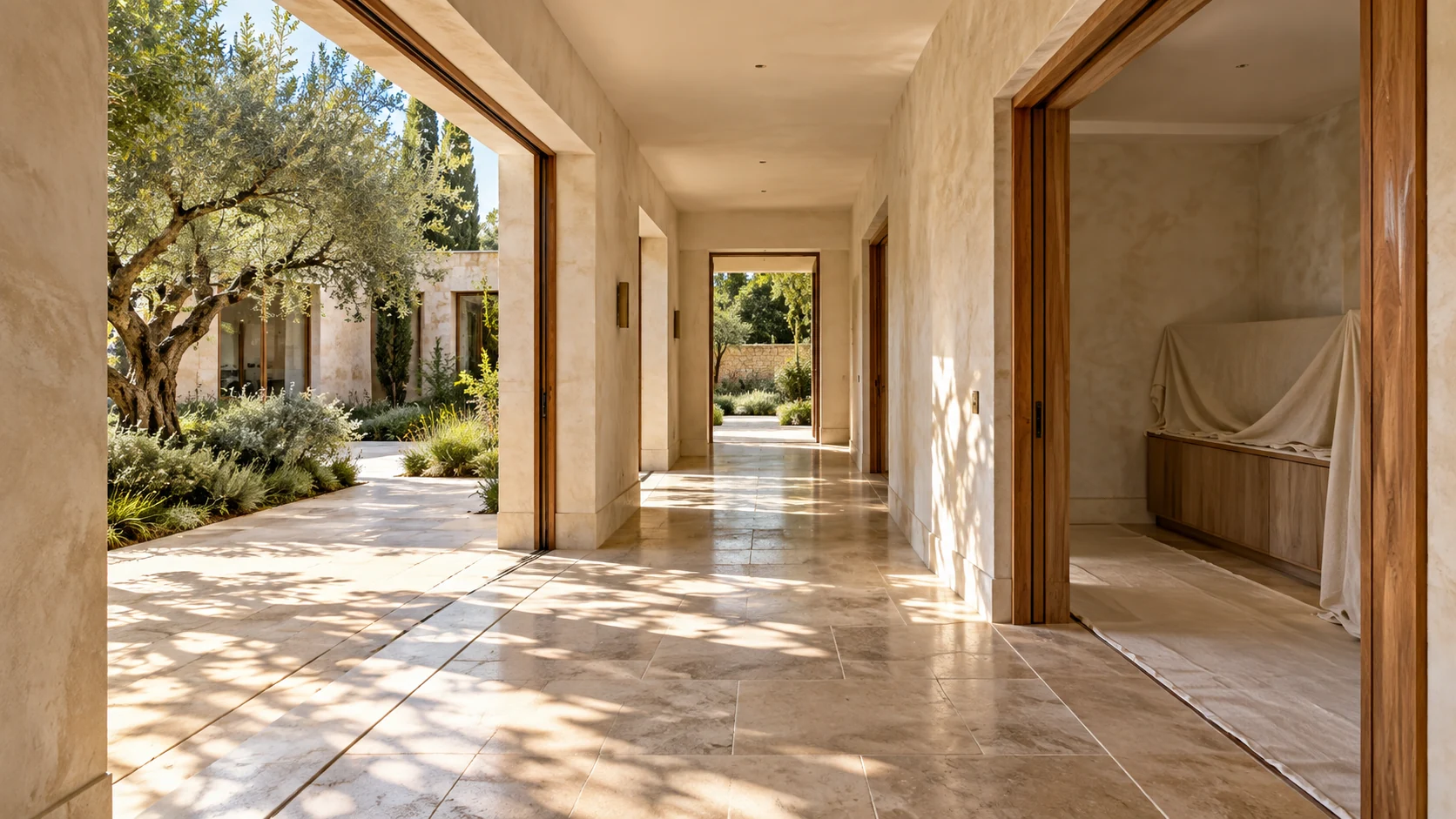 Villa renovation concept showing a protected passage beside a room prepared for its next phase, with garden light beyond.