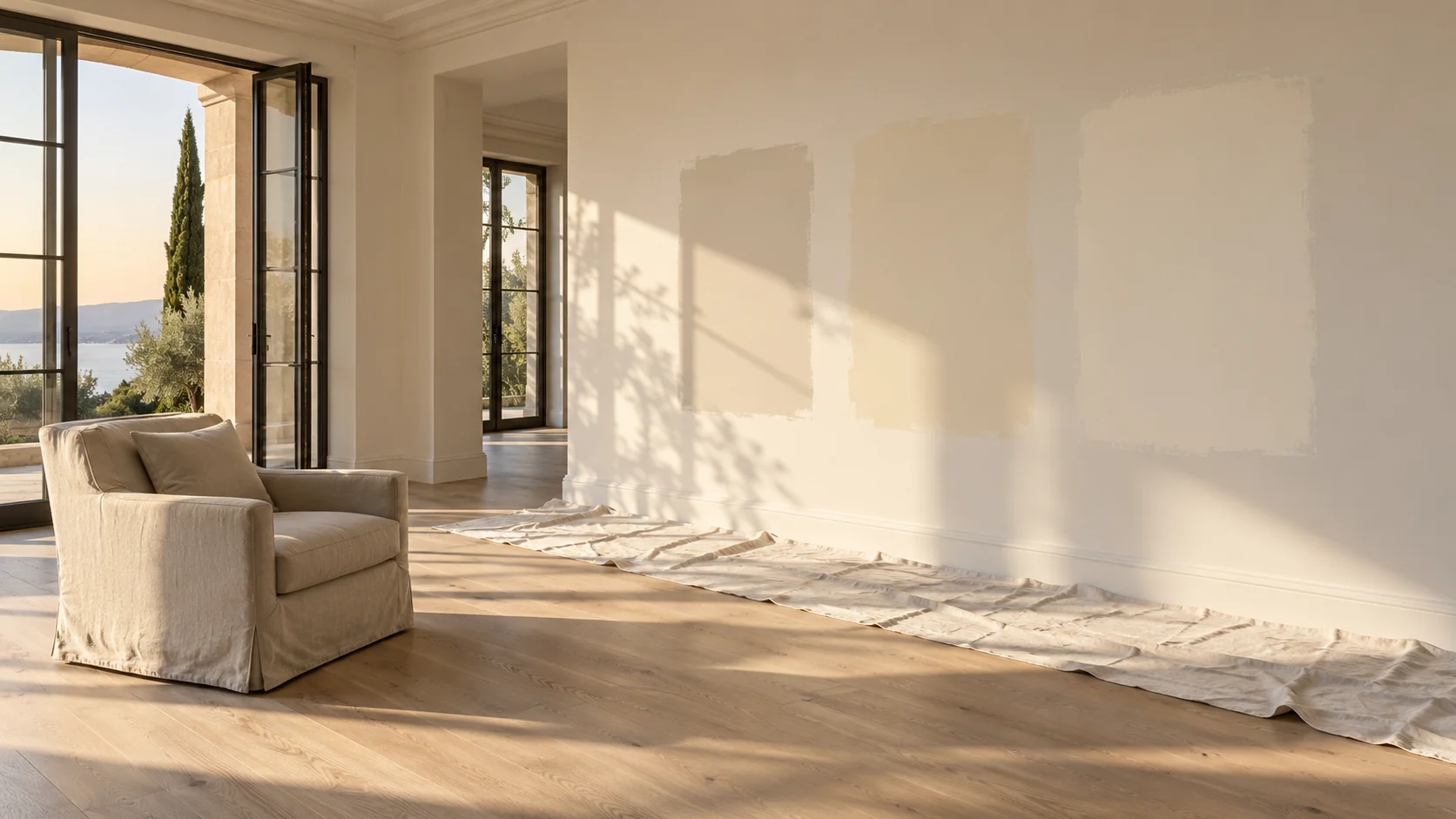 Three warm off-white paint sample patches on a villa sitting-room wall, with a cotton drop cloth, pale oak floor and linen armchair in afternoon light. Design concept.